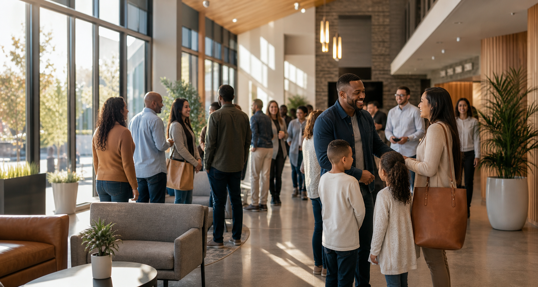 Families talking in a bright church lobby